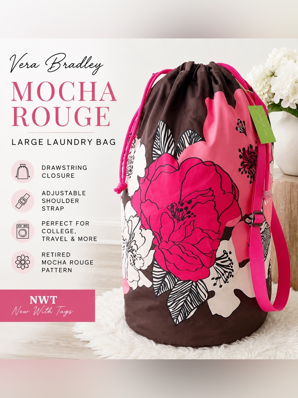 Vera Bradley Mocha Rouge Laundry Bag NWT